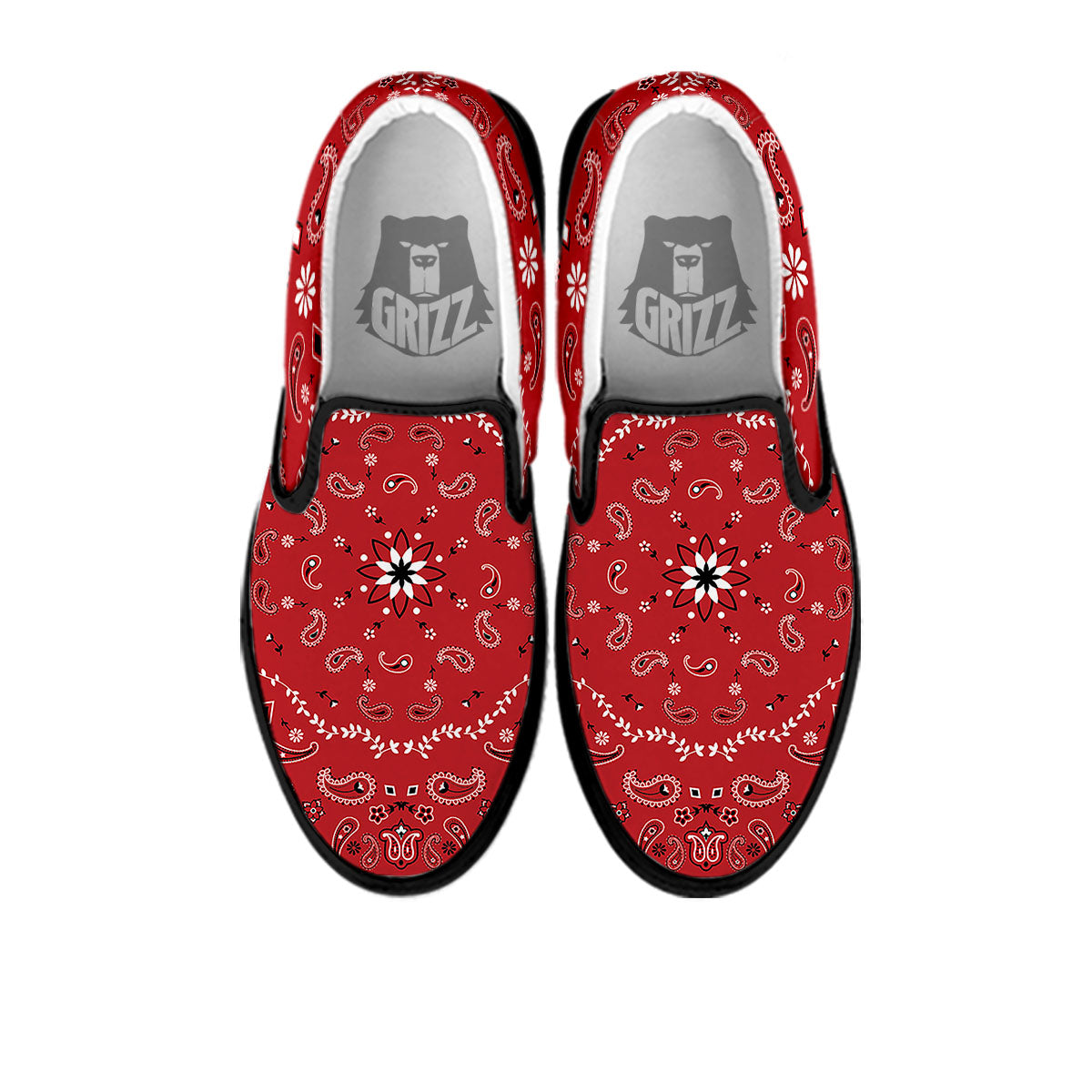 Bandana White And Red Print Black Slip On Shoes-grizzshop