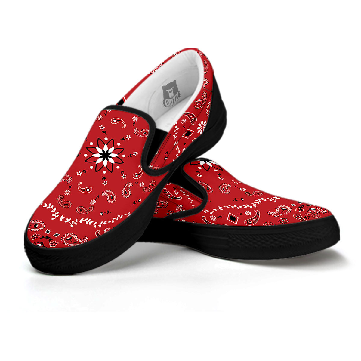 Bandana White And Red Print Black Slip On Shoes-grizzshop