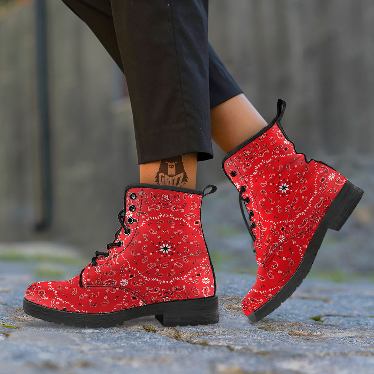 Bandana White And Red Print Leather Boots-grizzshop