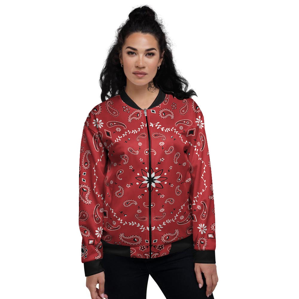 Bandana White And Red Print Women's Bomber Jacket-grizzshop