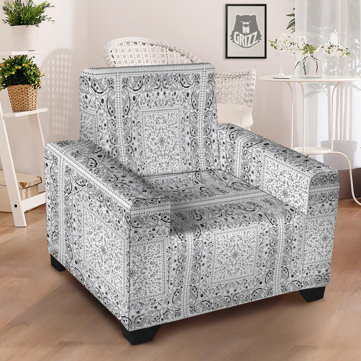 Bandana White Paisley Print Pattern Armchair Slipcover-grizzshop