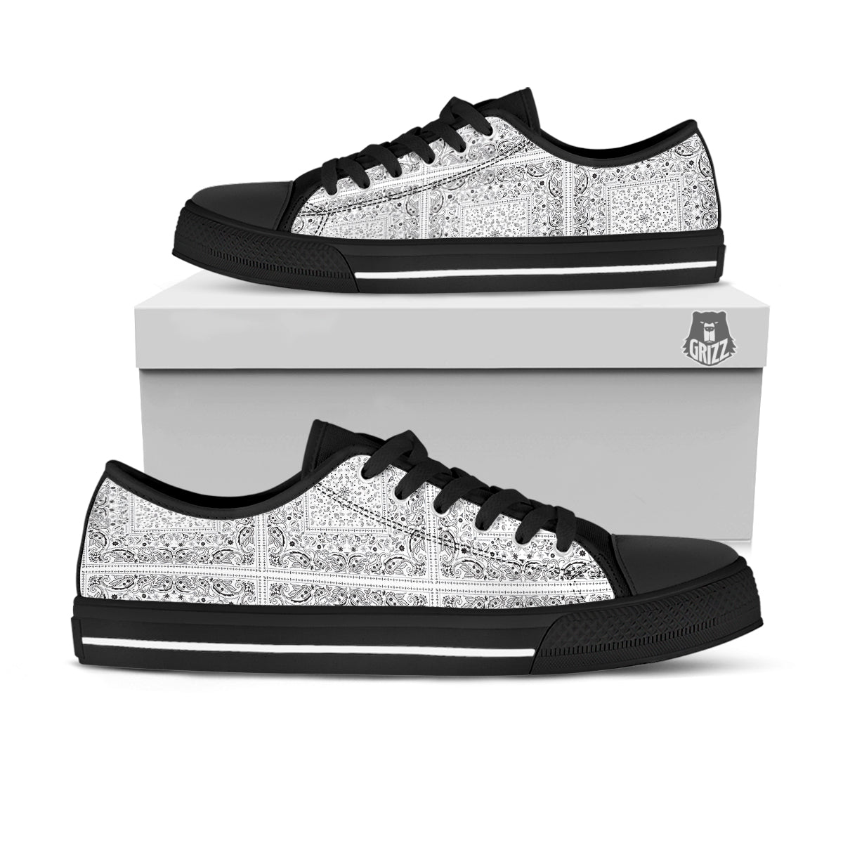 Bandana White Paisley Print Pattern Black Low Top Shoes-grizzshop