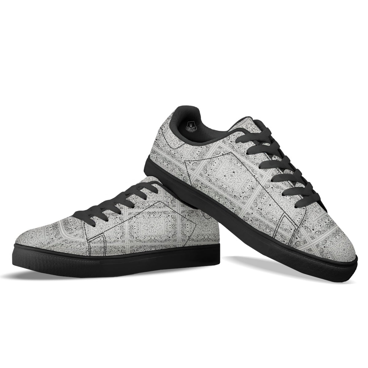 Bandana White Paisley Print Pattern Black Low Top Sneakers-grizzshop