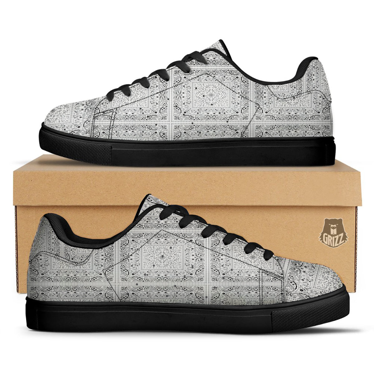 Bandana White Paisley Print Pattern Black Low Top Sneakers-grizzshop