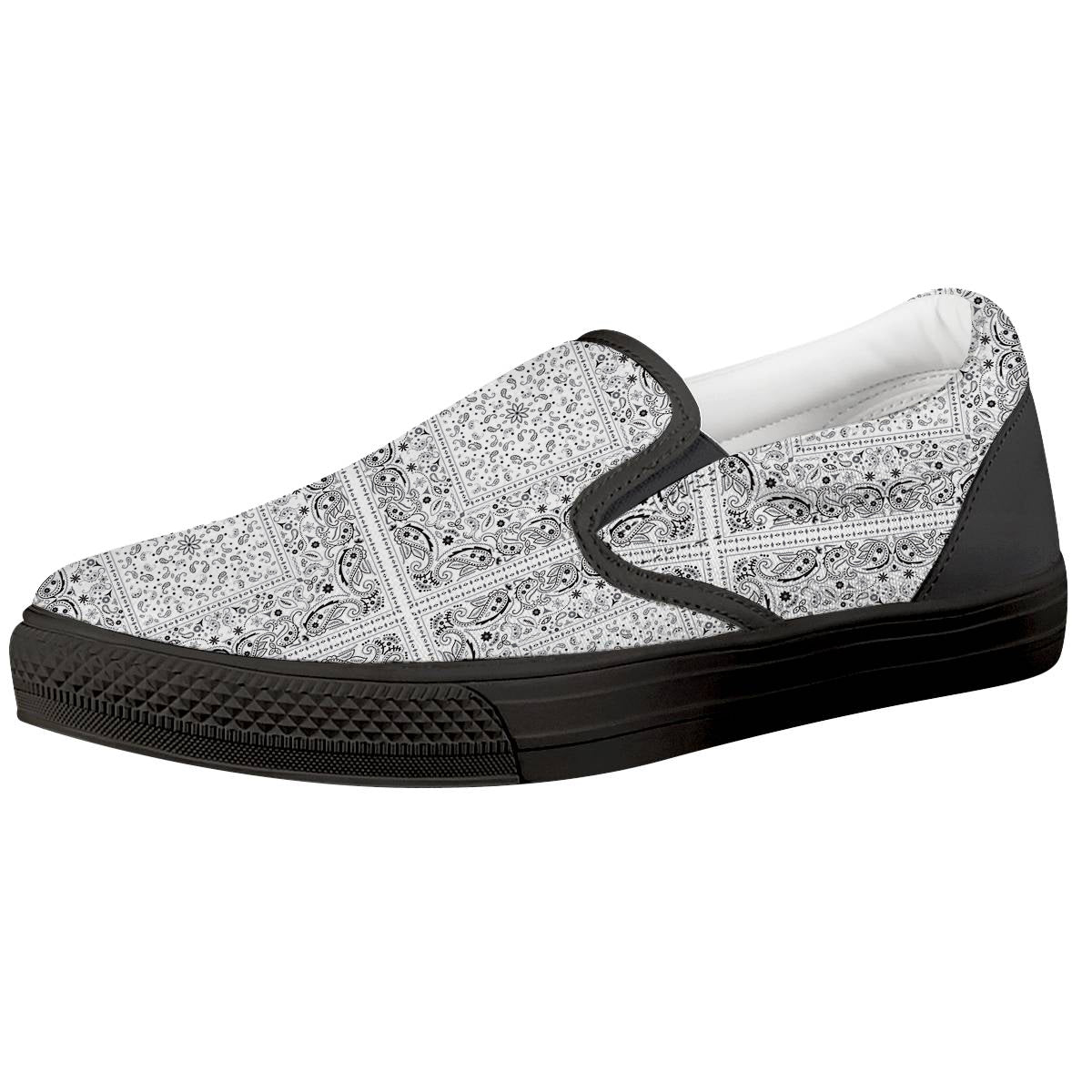 Bandana White Paisley Print Pattern Black Slip On Shoes-grizzshop