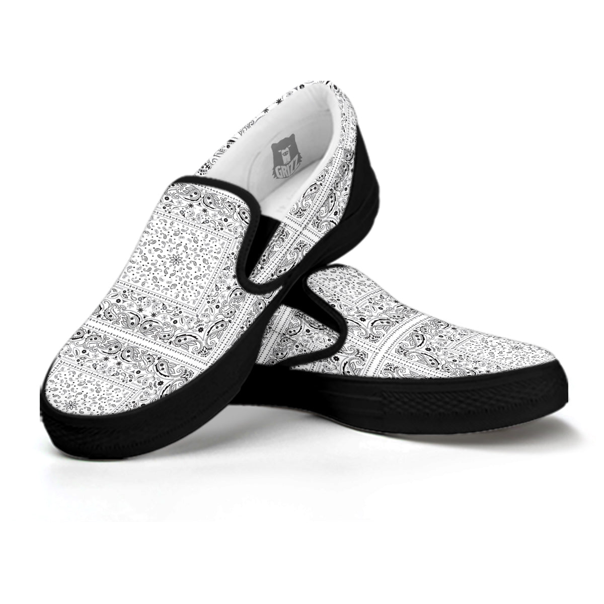 Bandana White Paisley Print Pattern Black Slip On Shoes-grizzshop