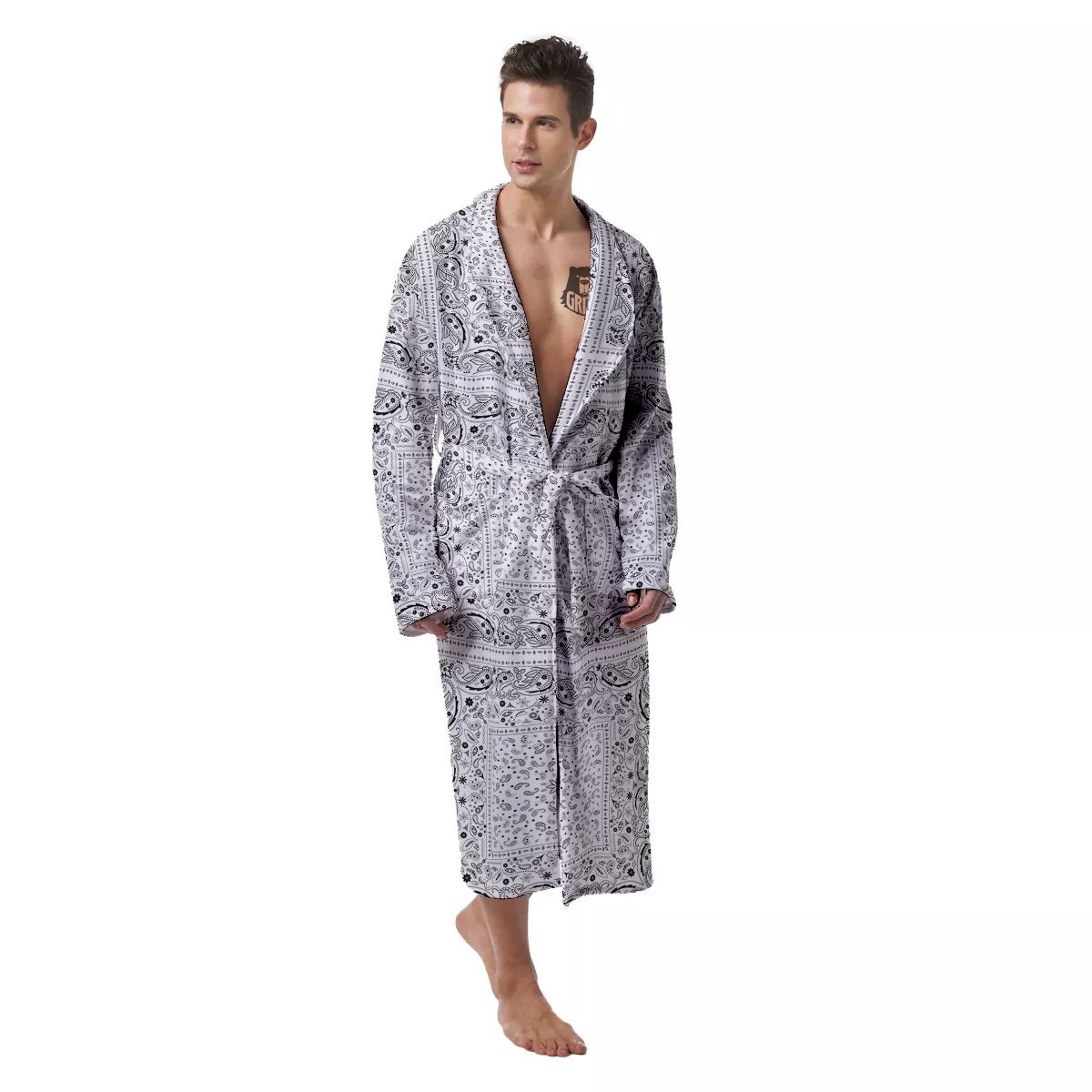 Bandana White Paisley Print Pattern Men's Robe-grizzshop