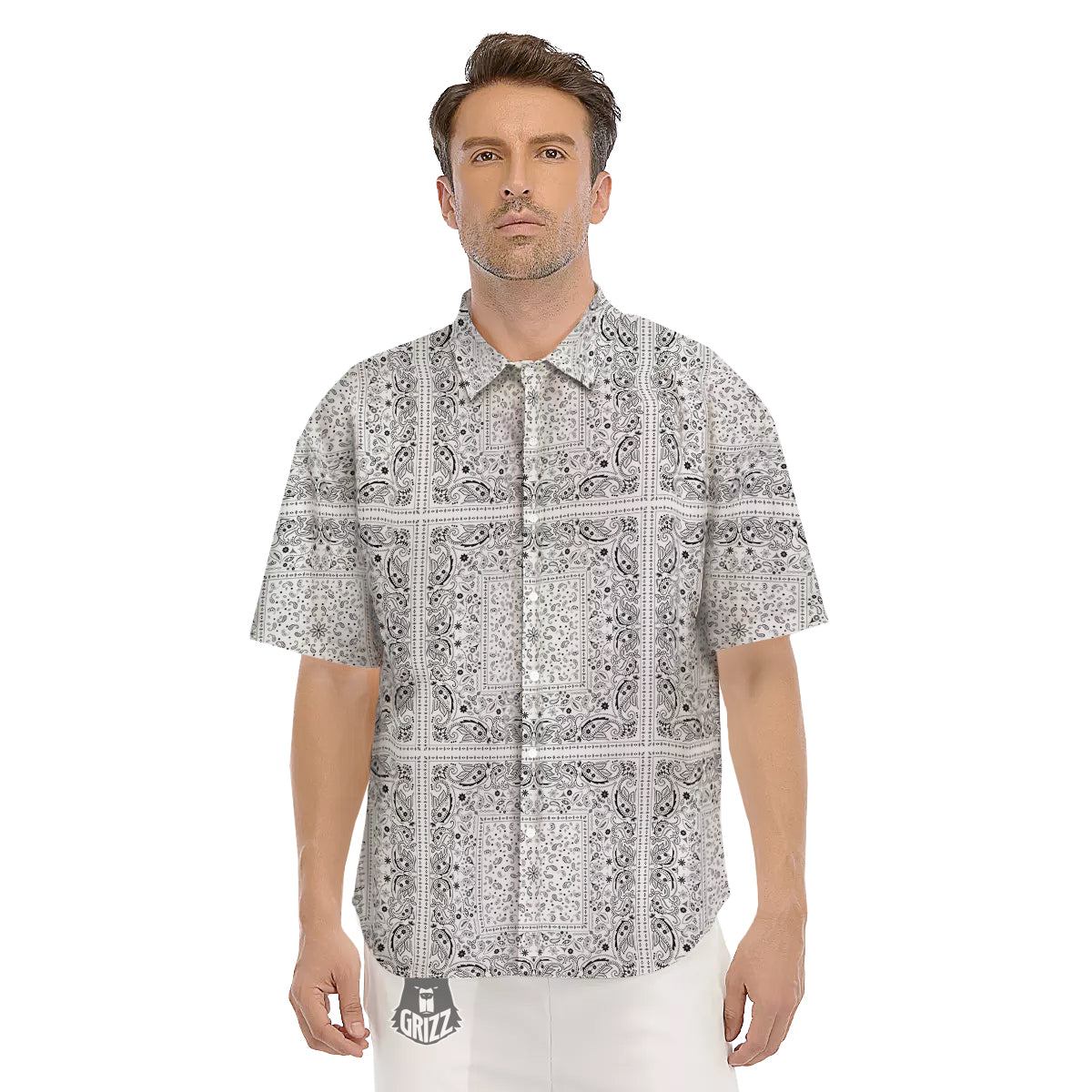 Bandana White Paisley Print Pattern Men's Short Sleeve Shirts-grizzshop