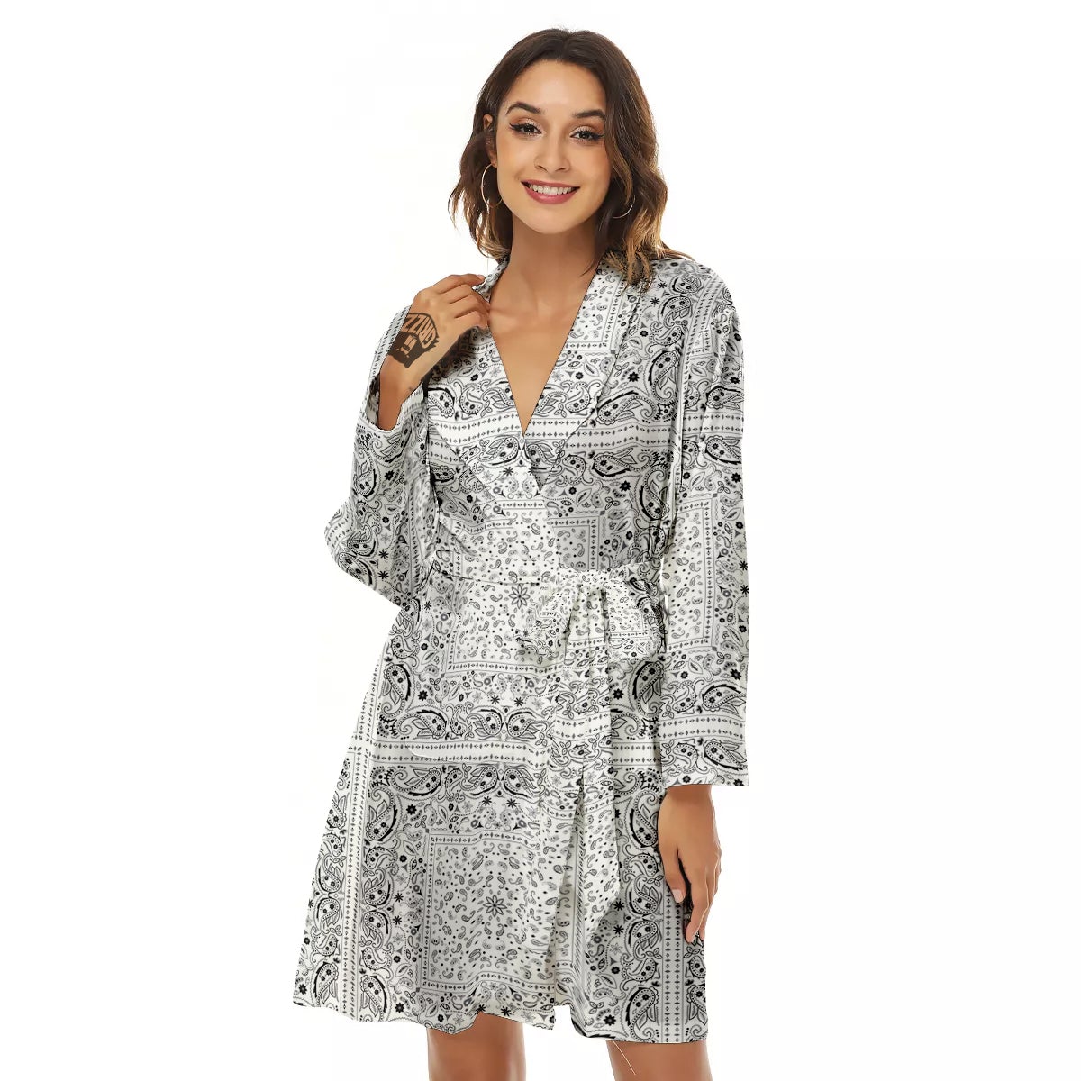 Bandana White Paisley Print Pattern Women's Robe-grizzshop