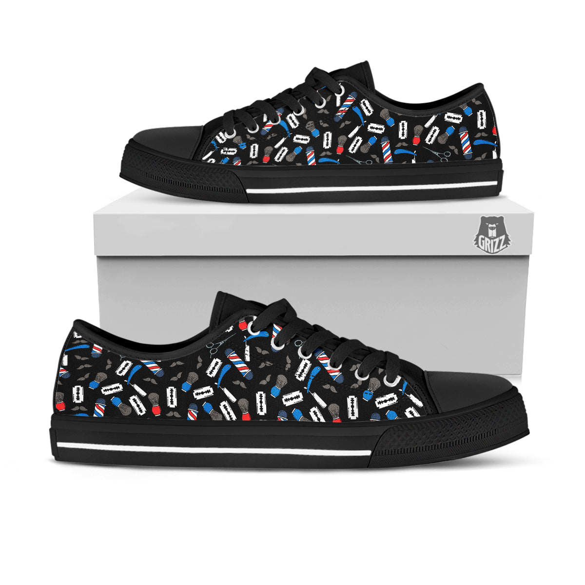 Barber Equipment Print Pattern Black Low Top Shoes-grizzshop