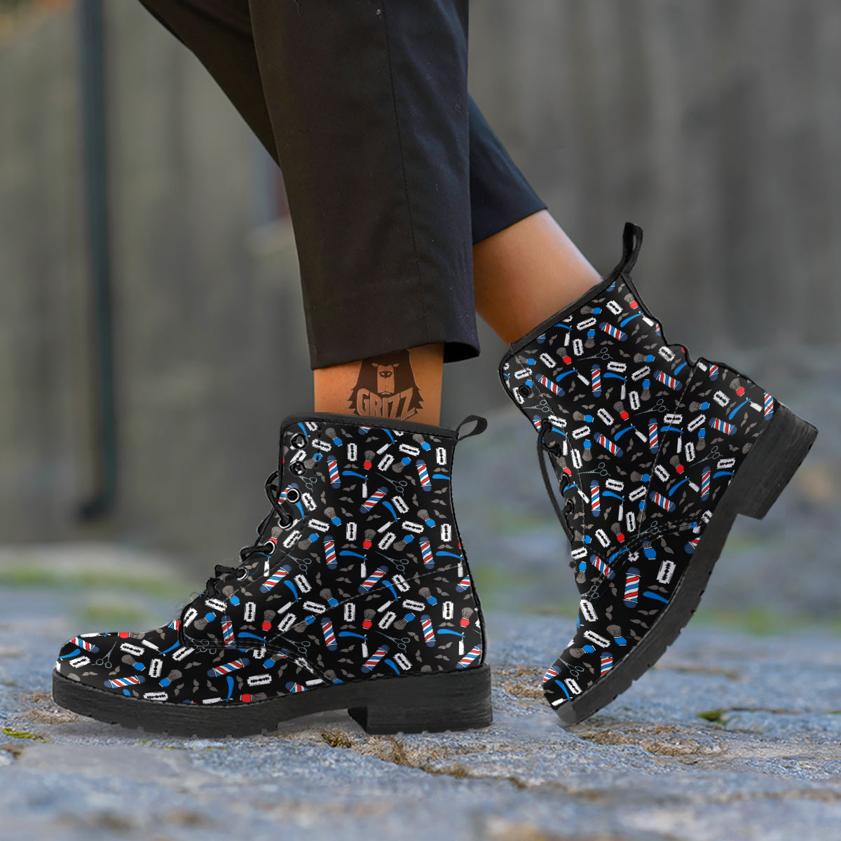 Barber Equipment Print Pattern Leather Boots-grizzshop