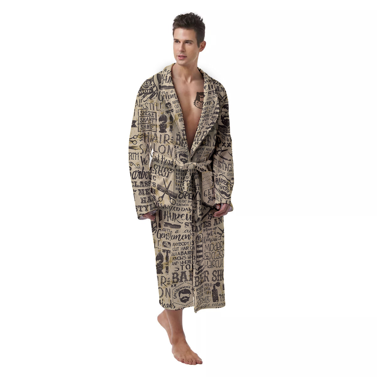 Barber Vintage Color Print Pattern Men's Robe-grizzshop