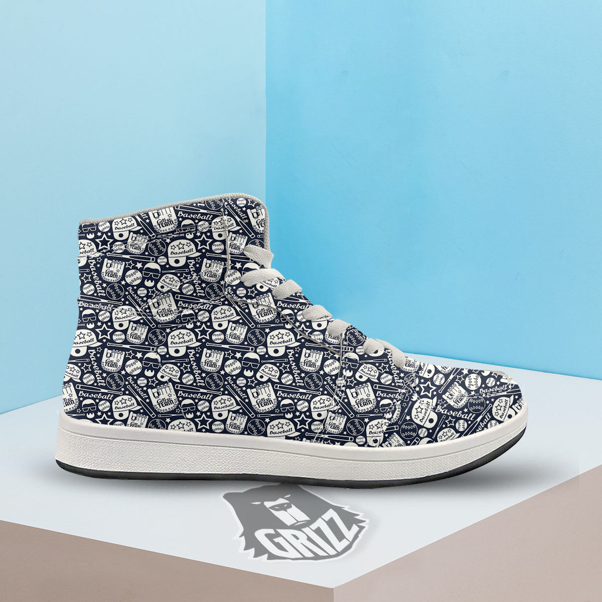 Baseball Black Print Pattern High Top Sneakers-grizzshop