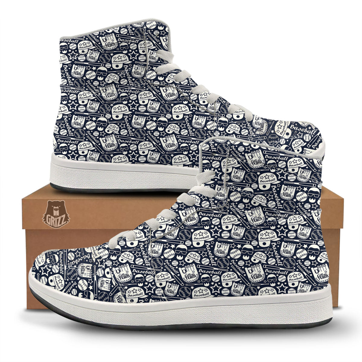 Baseball Black Print Pattern High Top Sneakers-grizzshop