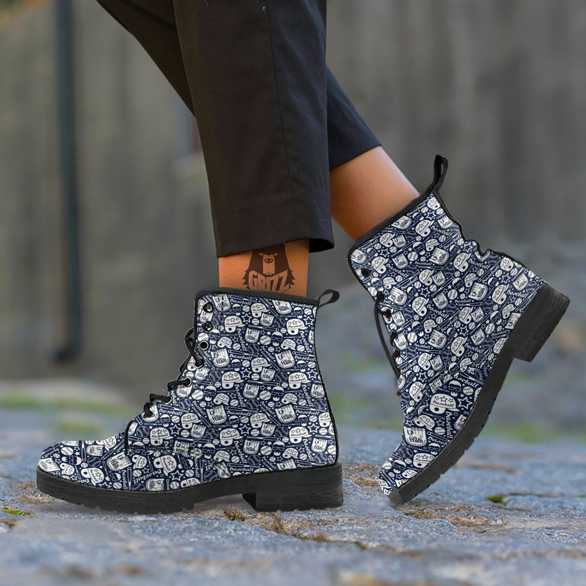 Baseball Black Print Pattern Leather Boots-grizzshop