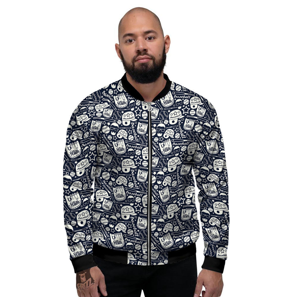 Baseball Black Print Pattern Men's Bomber Jacket-grizzshop