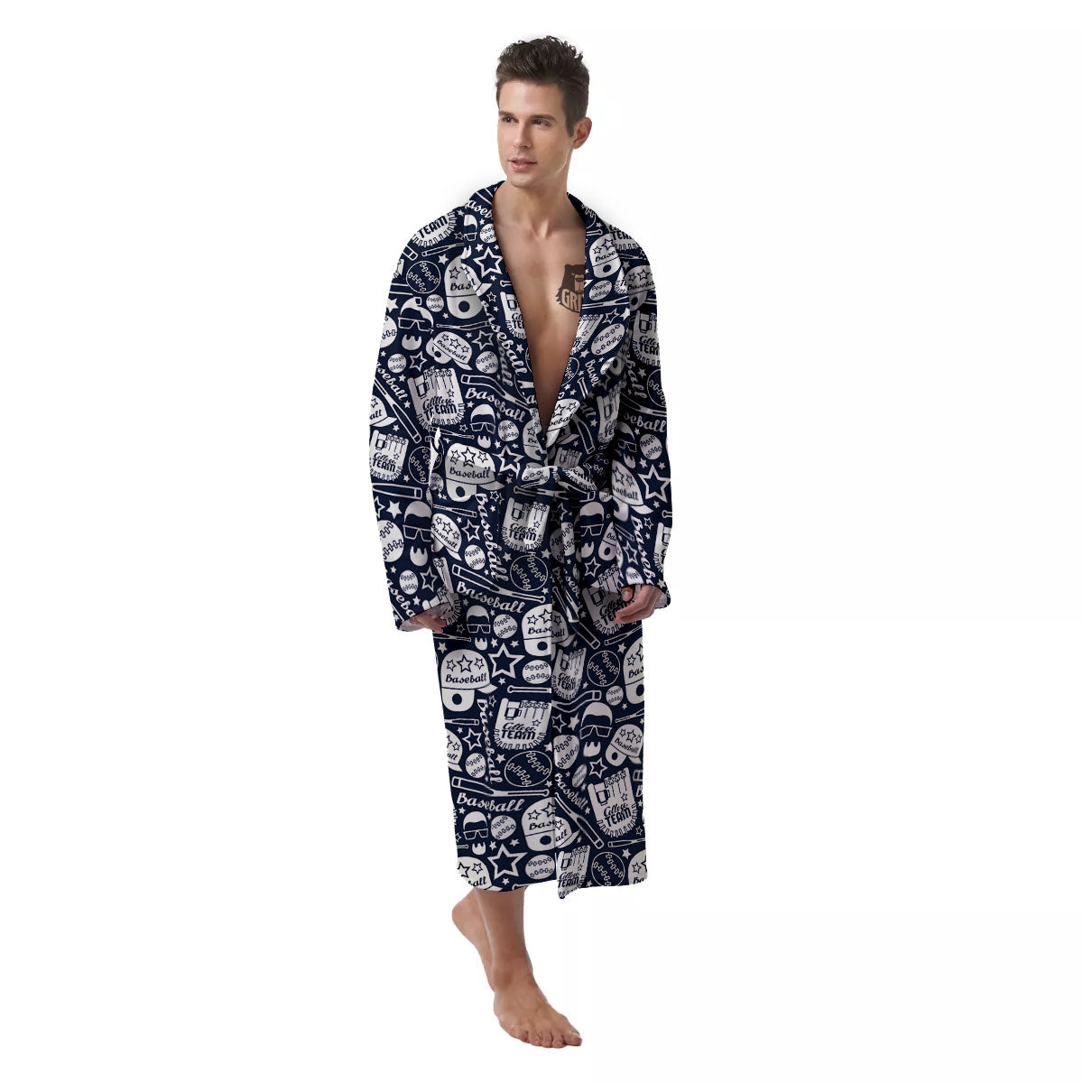 Baseball Black Print Pattern Men's Robe-grizzshop