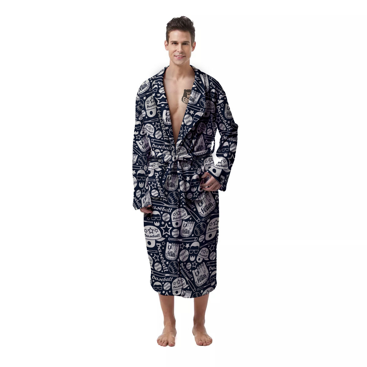Baseball Black Print Pattern Men's Robe-grizzshop