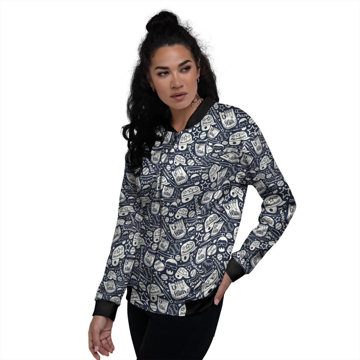 Baseball Black Print Pattern Women's Bomber Jacket-grizzshop