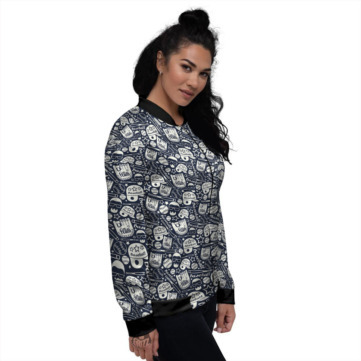 Baseball Black Print Pattern Women's Bomber Jacket-grizzshop