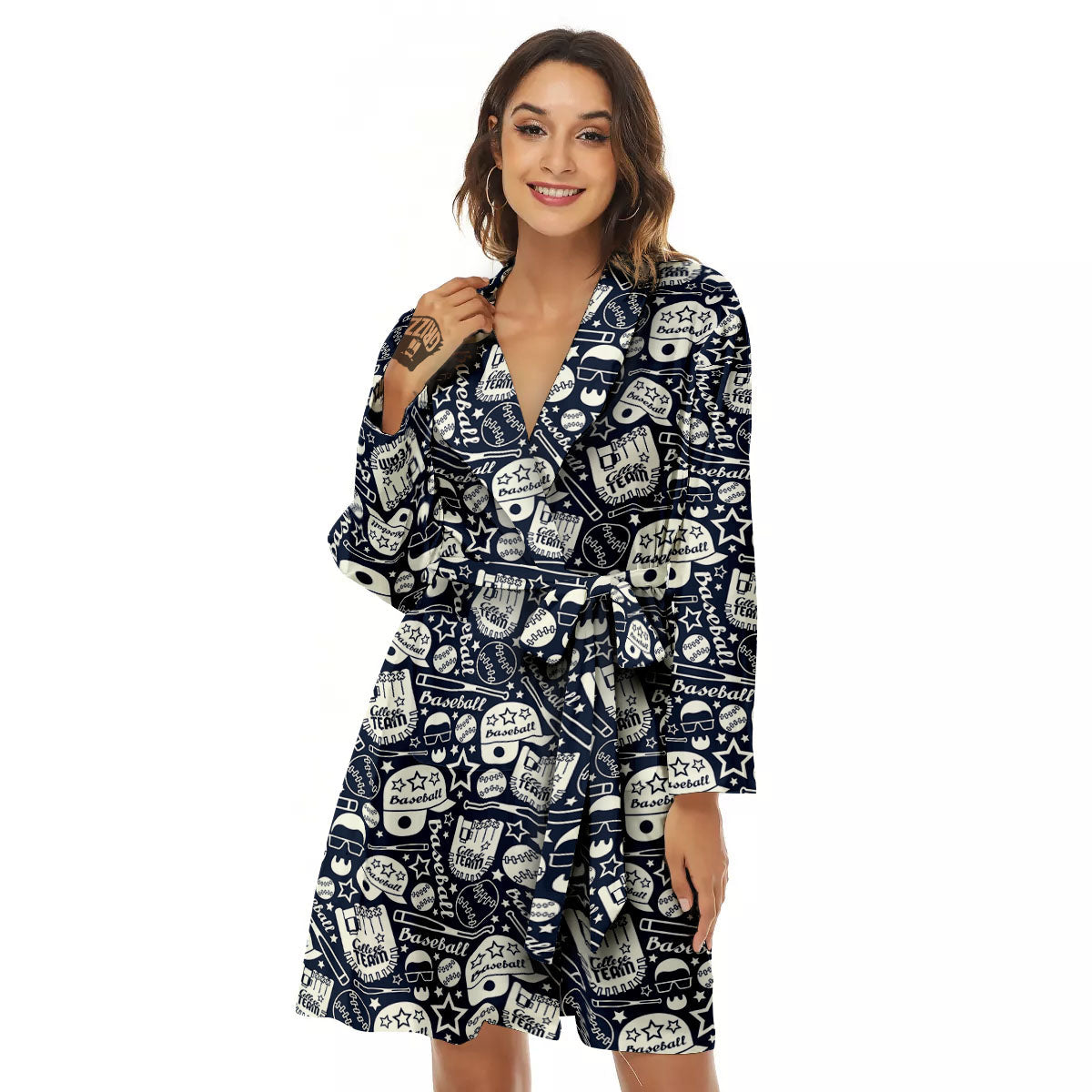 Baseball Black Print Pattern Women's Robe-grizzshop