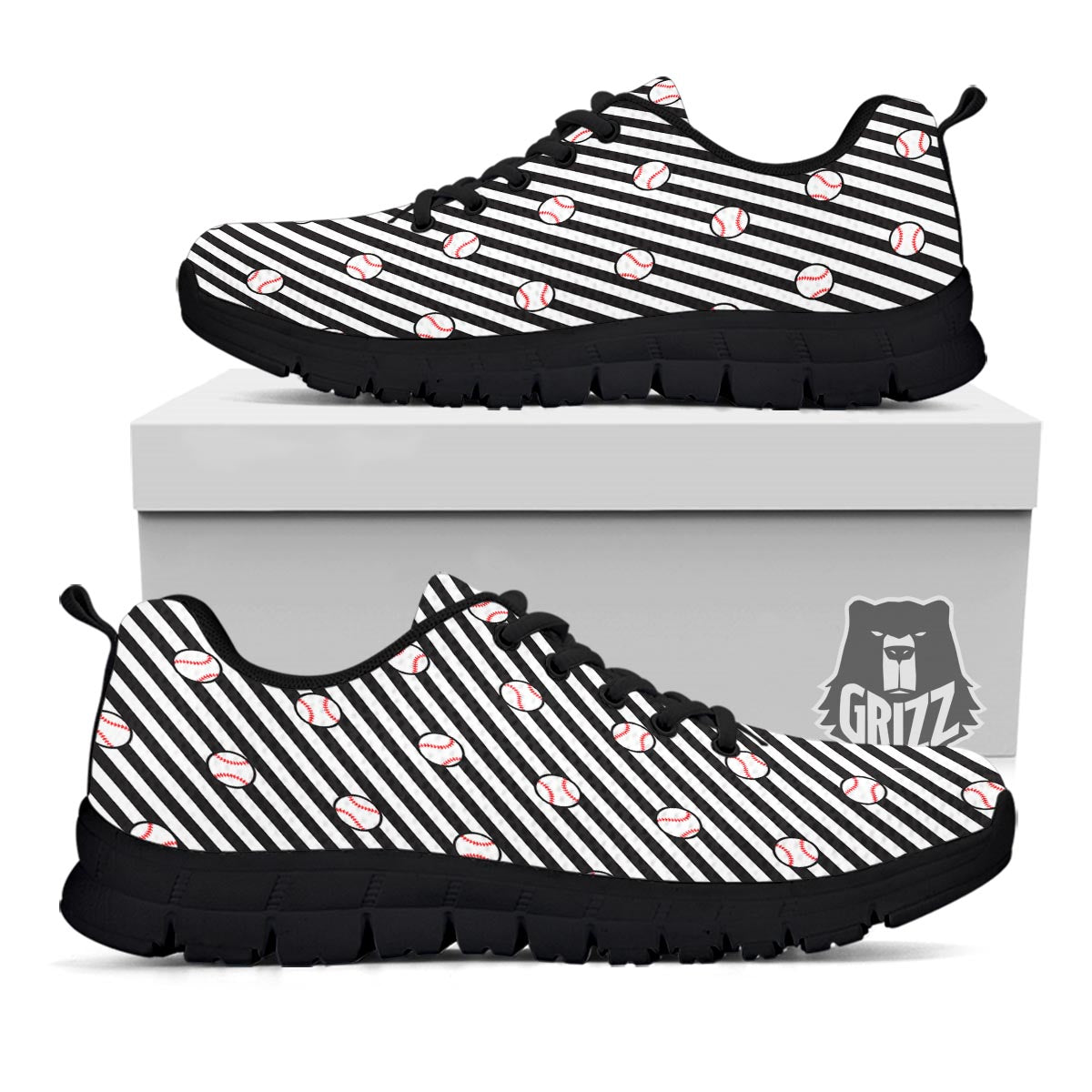 Baseball Black Striped Print Pattern Black Sneaker-grizzshop