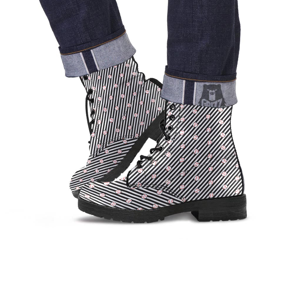 Baseball Black Striped Print Pattern Leather Boots-grizzshop