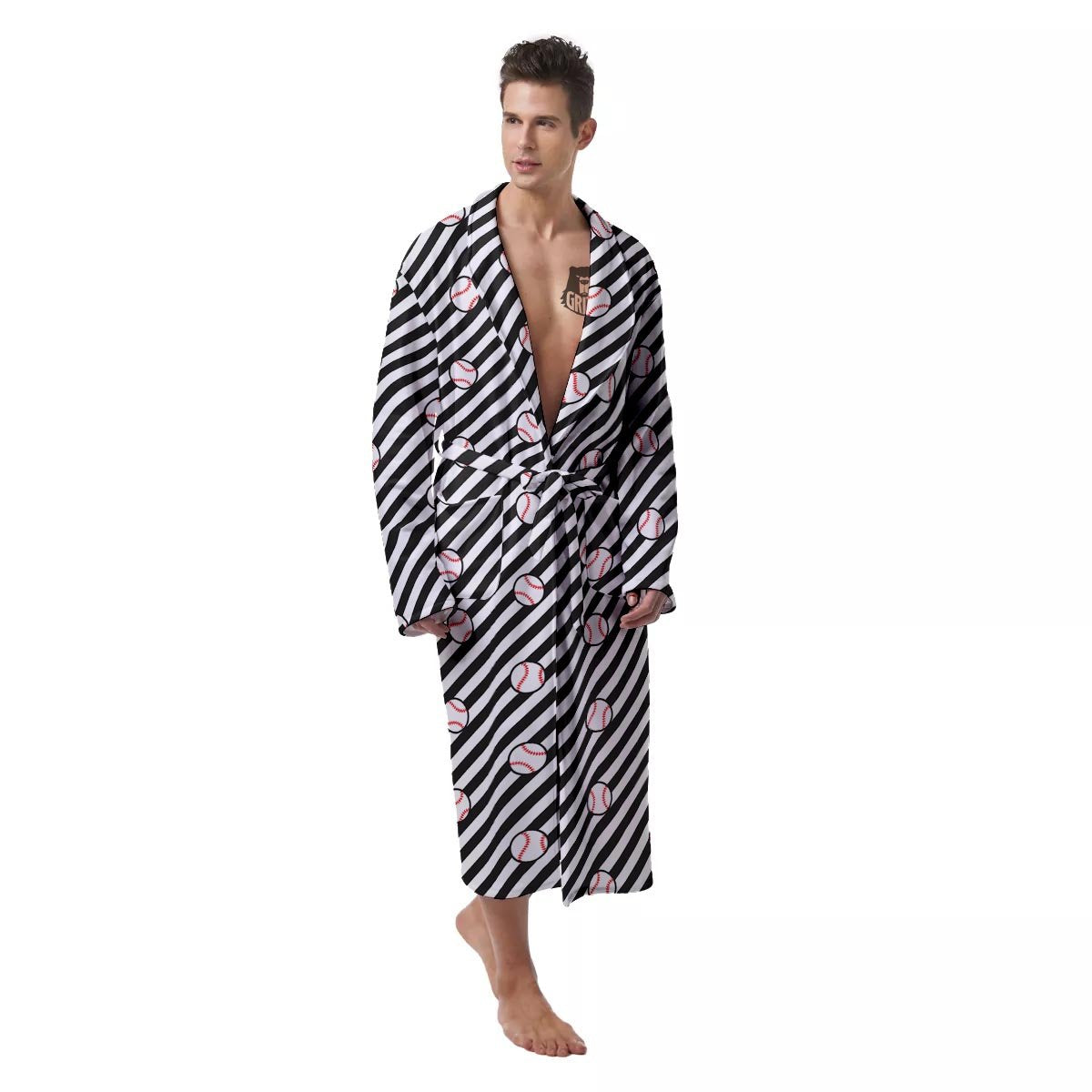 Baseball Black Striped Print Pattern Men's Robe-grizzshop