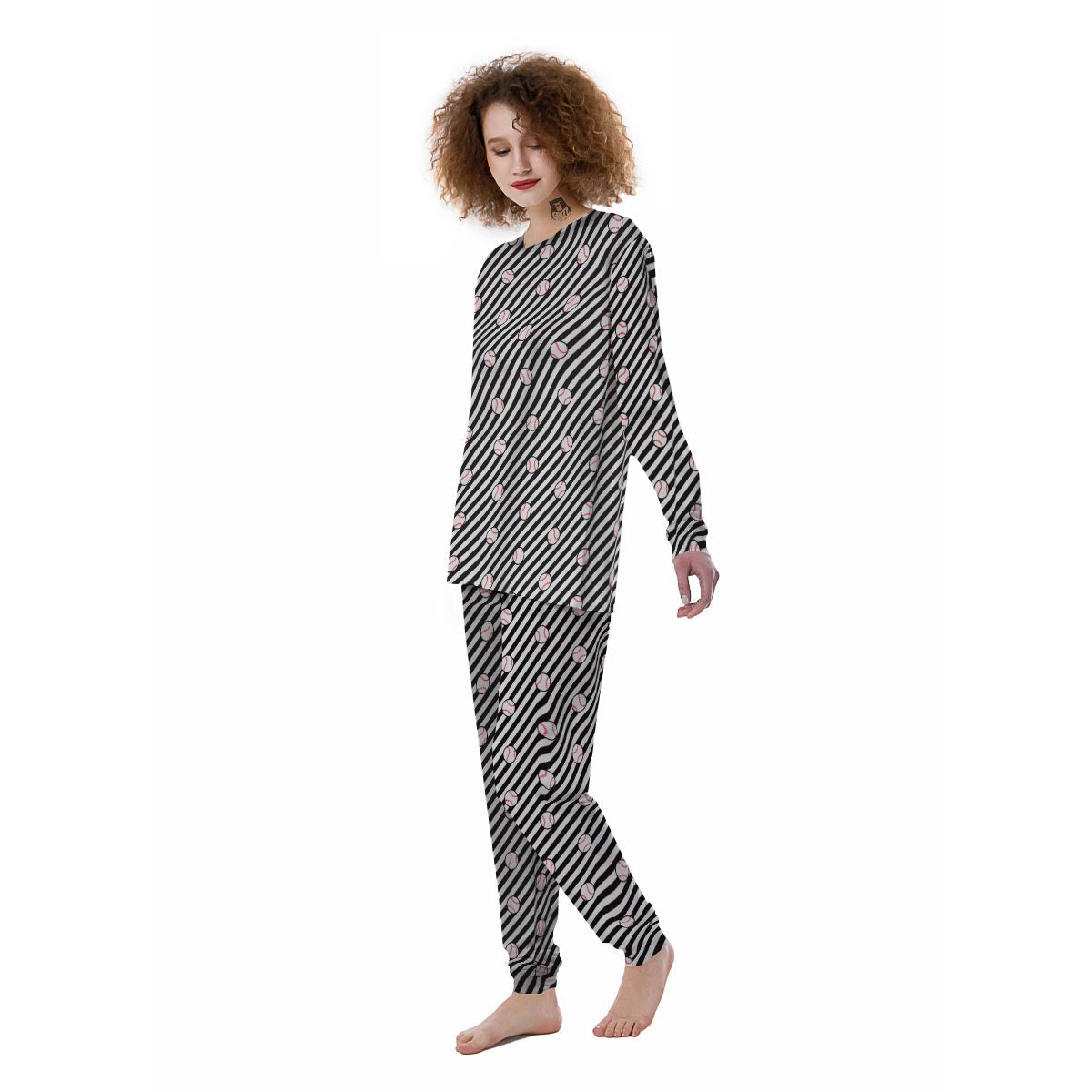 Baseball Black Striped Print Pattern Women's Pajamas-grizzshop