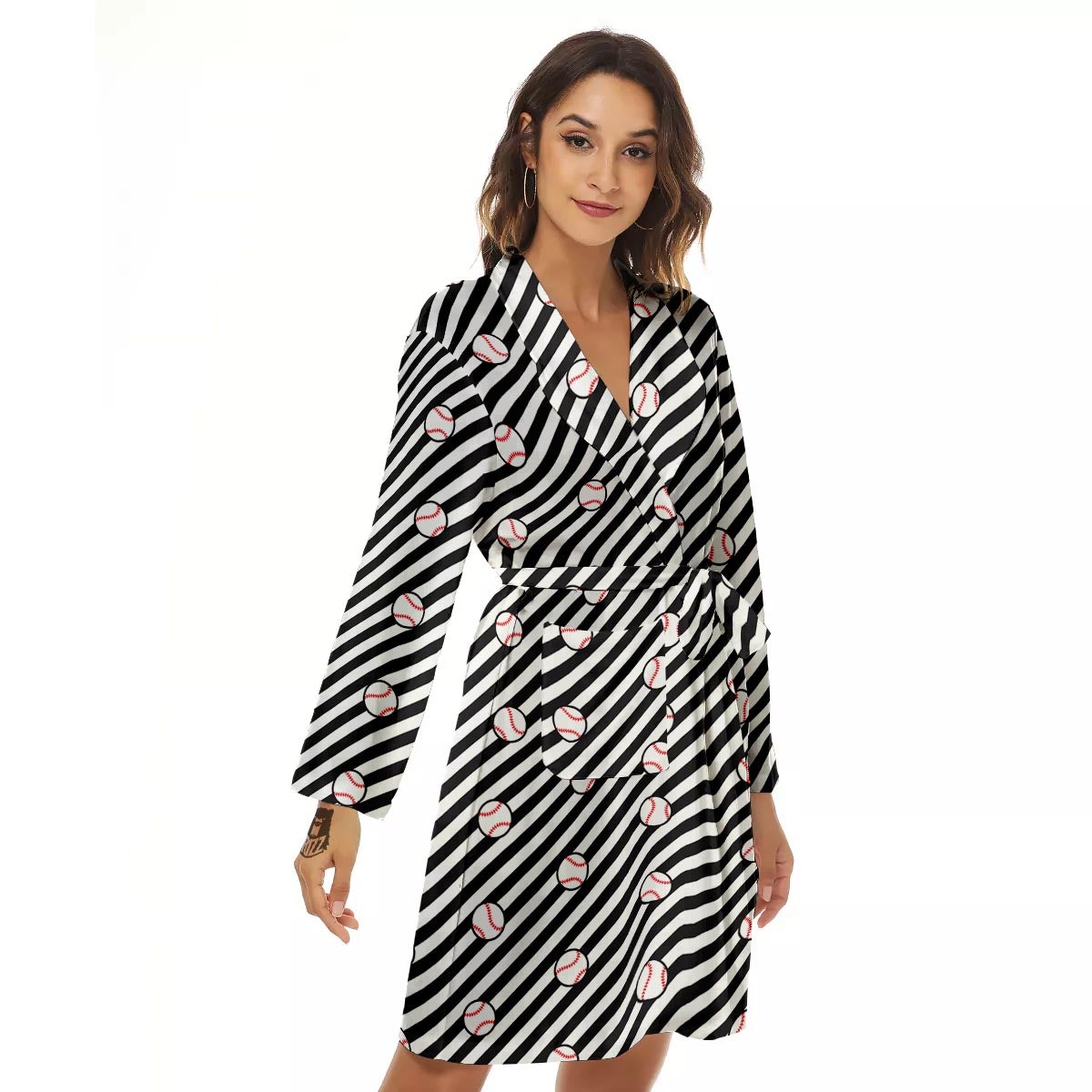 Baseball Black Striped Print Pattern Women's Robe-grizzshop