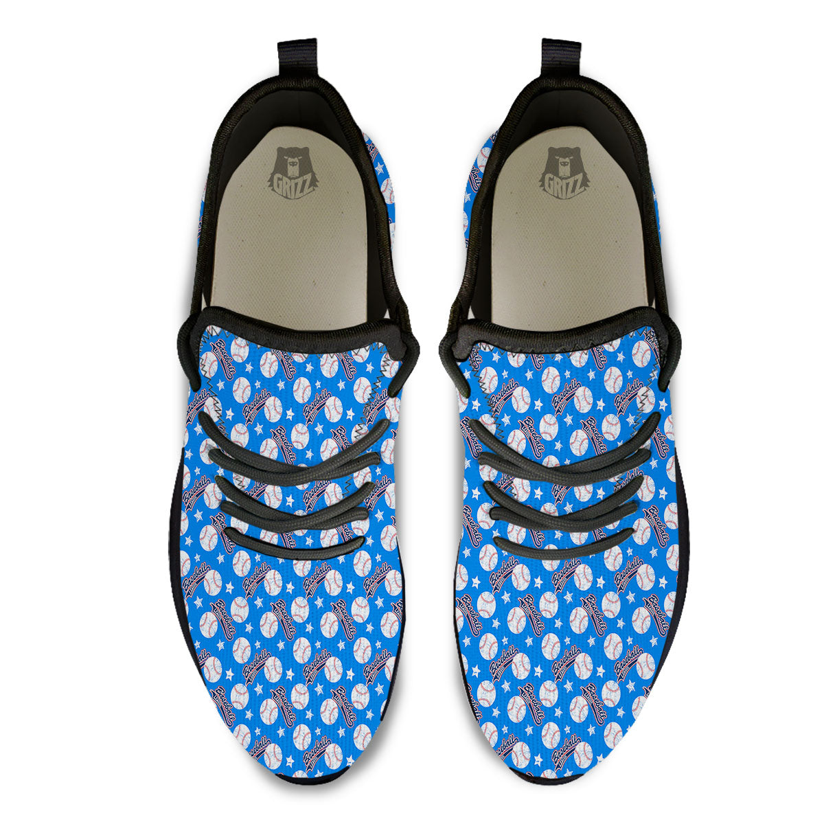 Baseball Blue Print Pattern Black Athletic Shoes-grizzshop