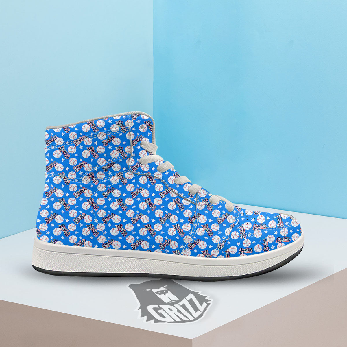 Baseball Blue Print Pattern High Top Sneakers-grizzshop