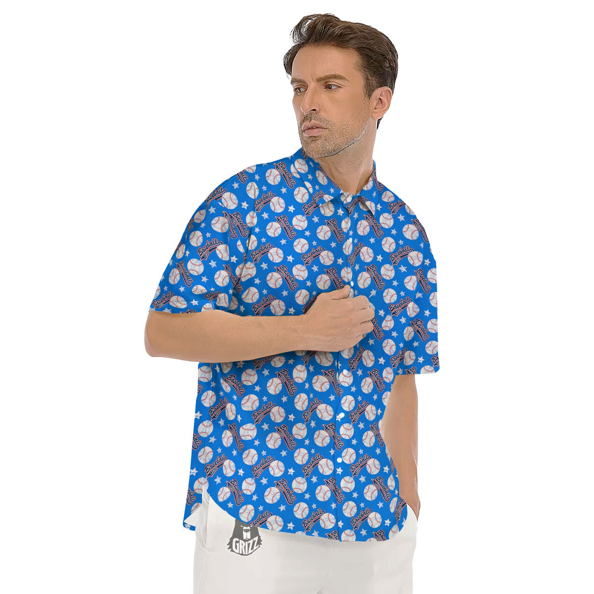 Baseball Blue Print Pattern Men's Short Sleeve Shirts-grizzshop