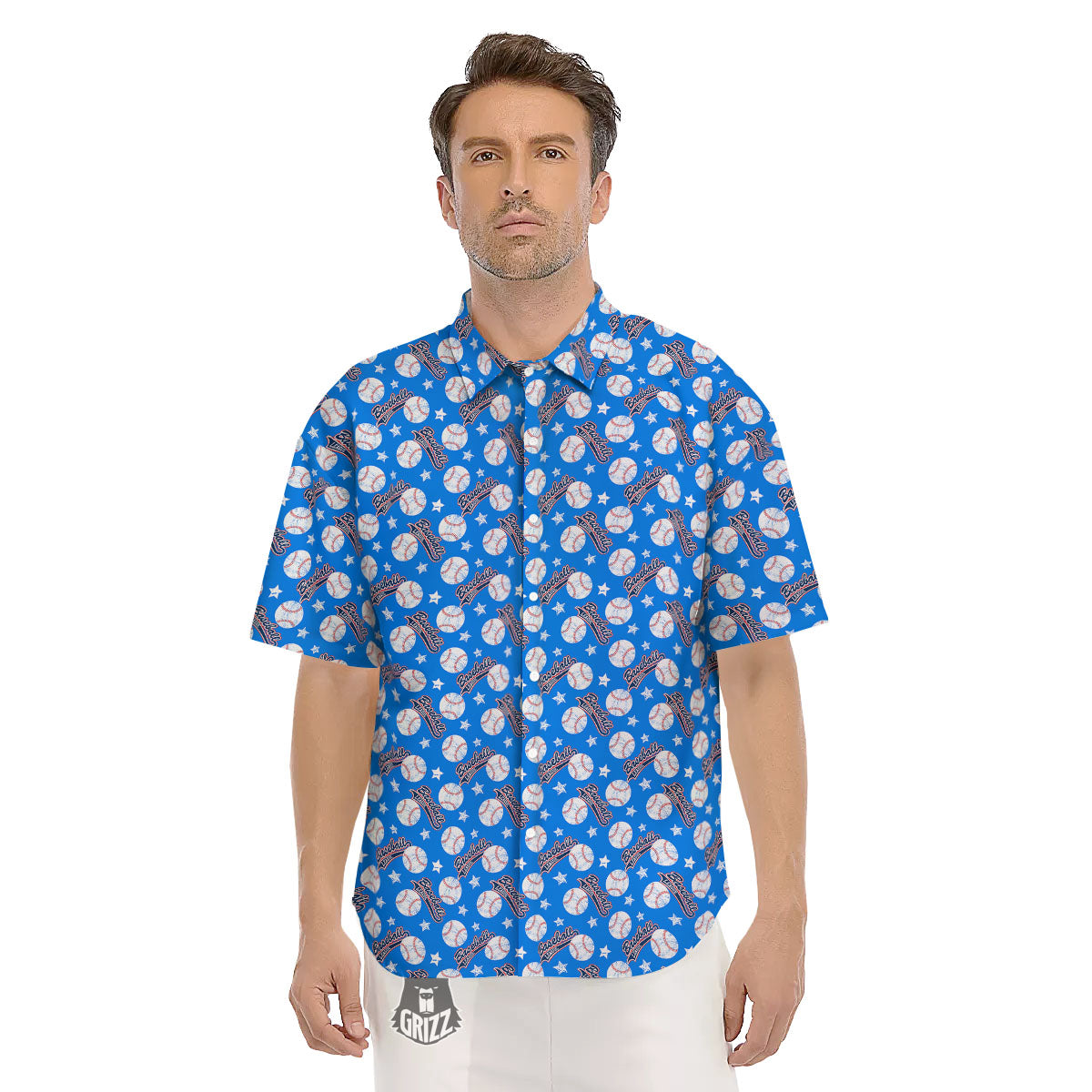 Baseball Blue Print Pattern Men's Short Sleeve Shirts-grizzshop