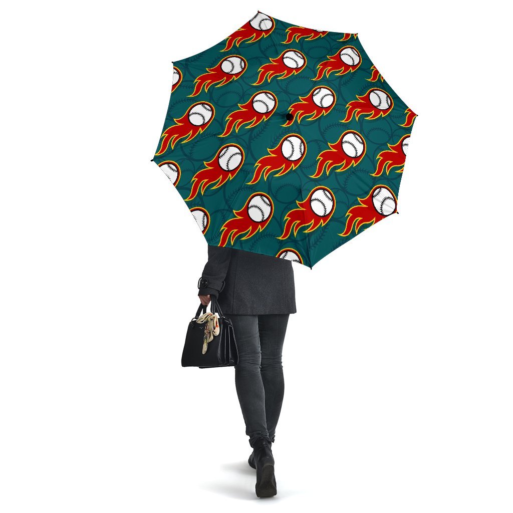 Baseball Fire Pattern Print Automatic Foldable Umbrella-grizzshop