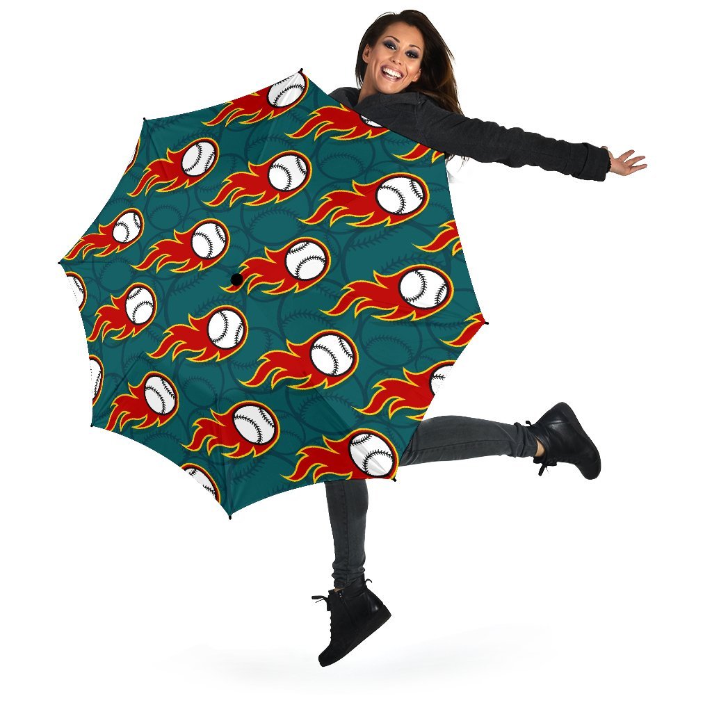 Baseball Fire Pattern Print Automatic Foldable Umbrella-grizzshop