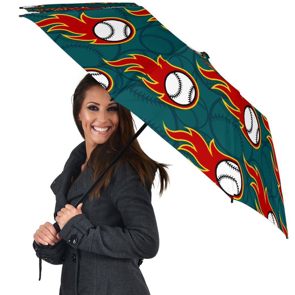 Baseball Fire Pattern Print Automatic Foldable Umbrella-grizzshop