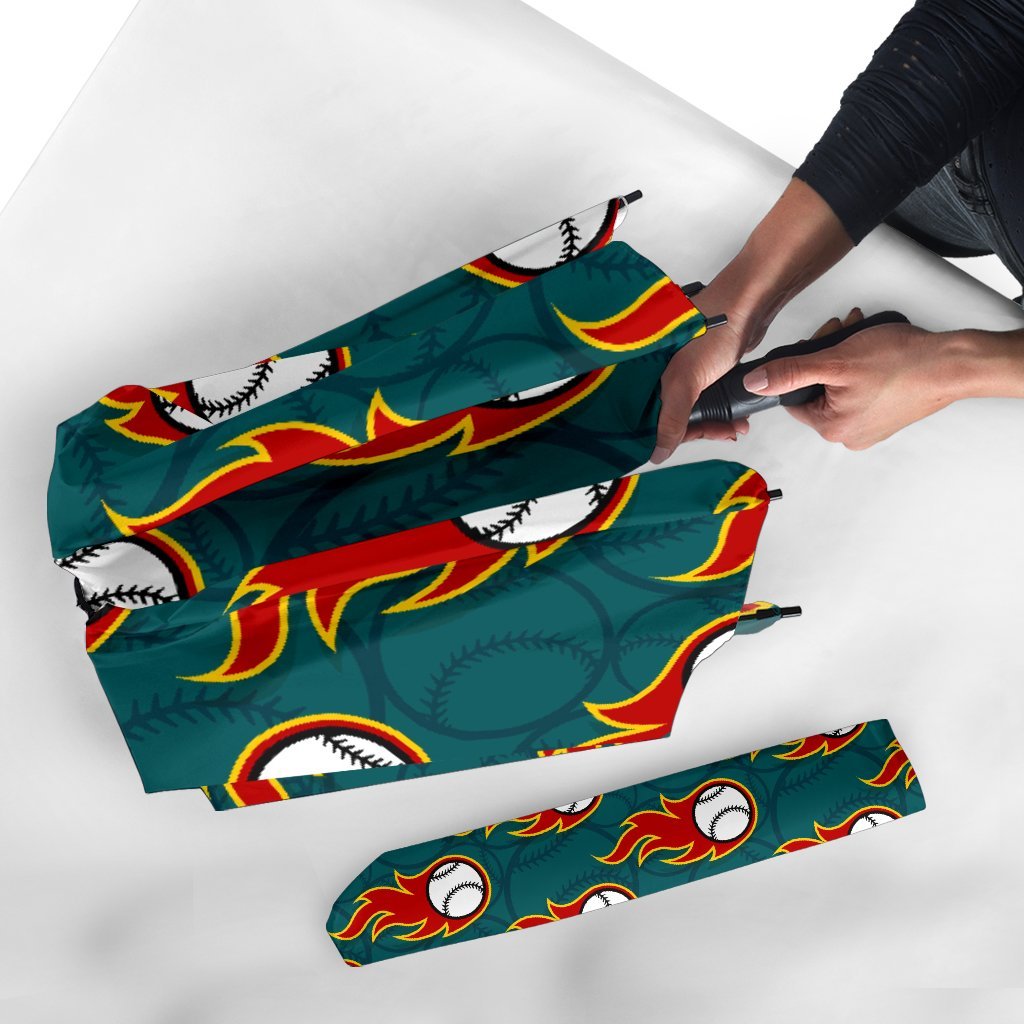 Baseball Fire Pattern Print Automatic Foldable Umbrella-grizzshop