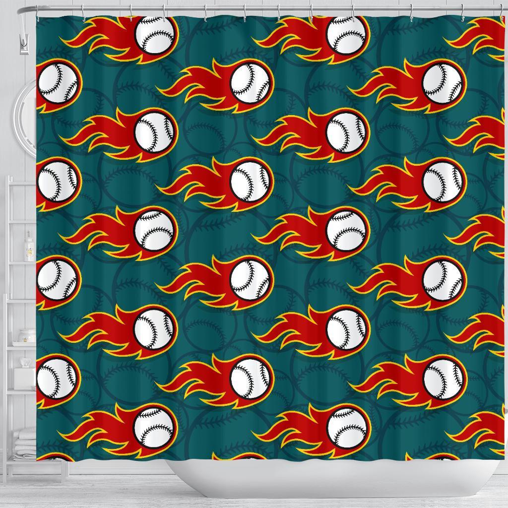 Baseball Fire Pattern Print Bathroom Shower Curtain-grizzshop