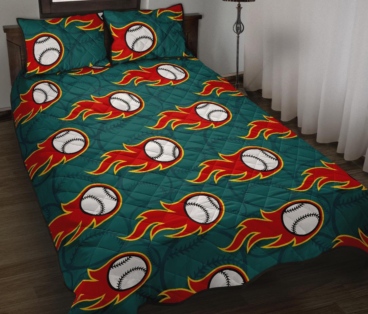 Baseball Fire Pattern Print Bed Set Quilt-grizzshop