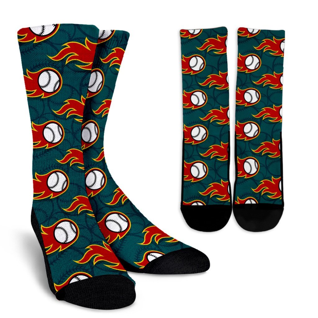 Baseball Fire Pattern Print Unisex Crew Socks-grizzshop