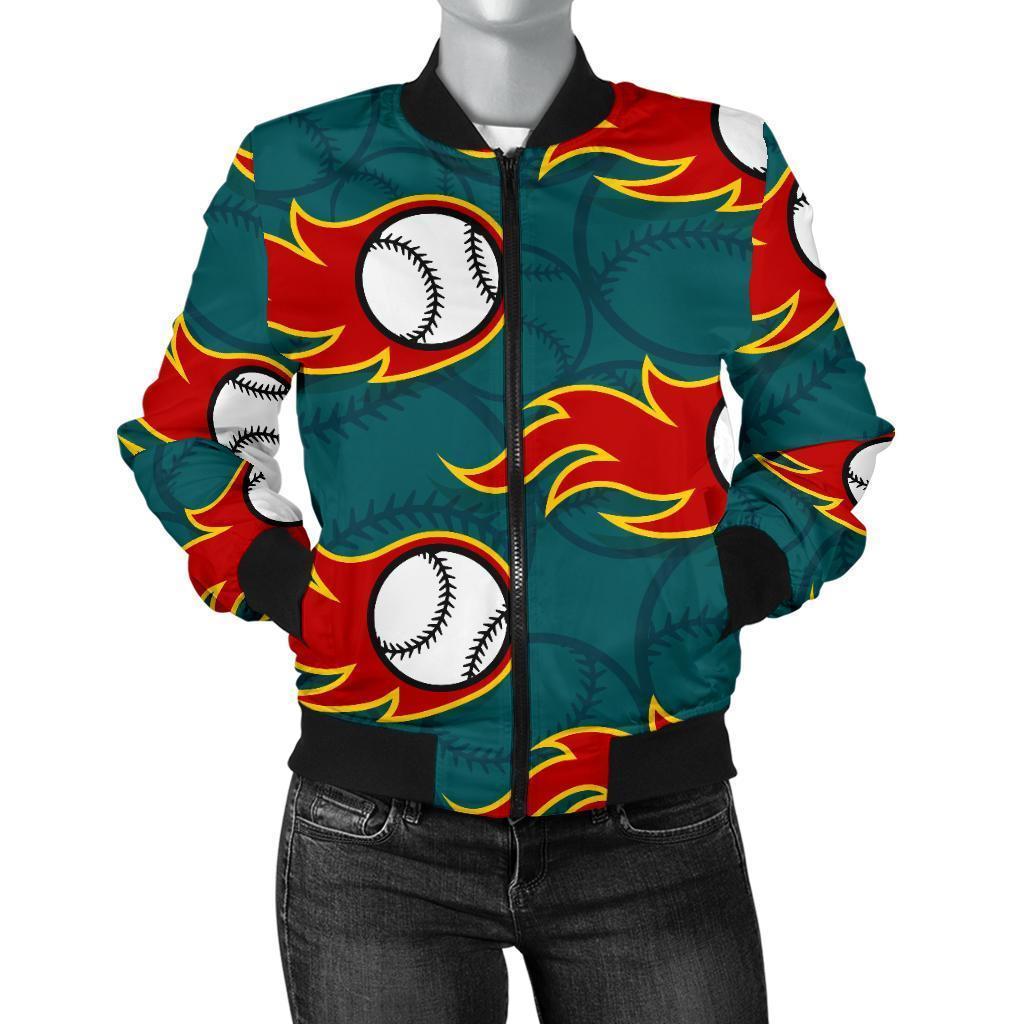 Baseball Fire Pattern Print Women Casual Bomber Jacket-grizzshop