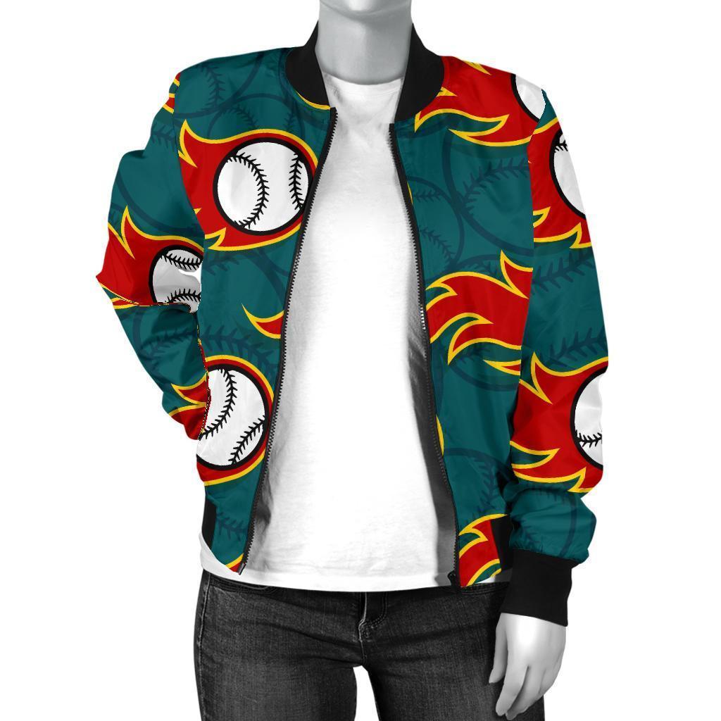 Baseball Fire Pattern Print Women Casual Bomber Jacket-grizzshop