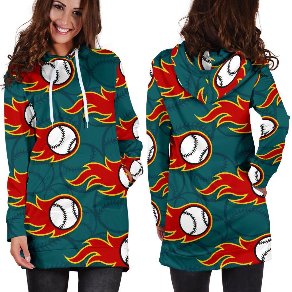 Baseball Fire Pattern Print Women Hoodie Dress-grizzshop