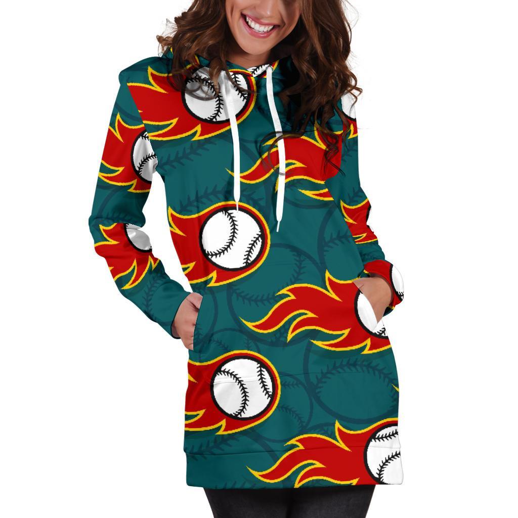 Baseball Fire Pattern Print Women Hoodie Dress-grizzshop