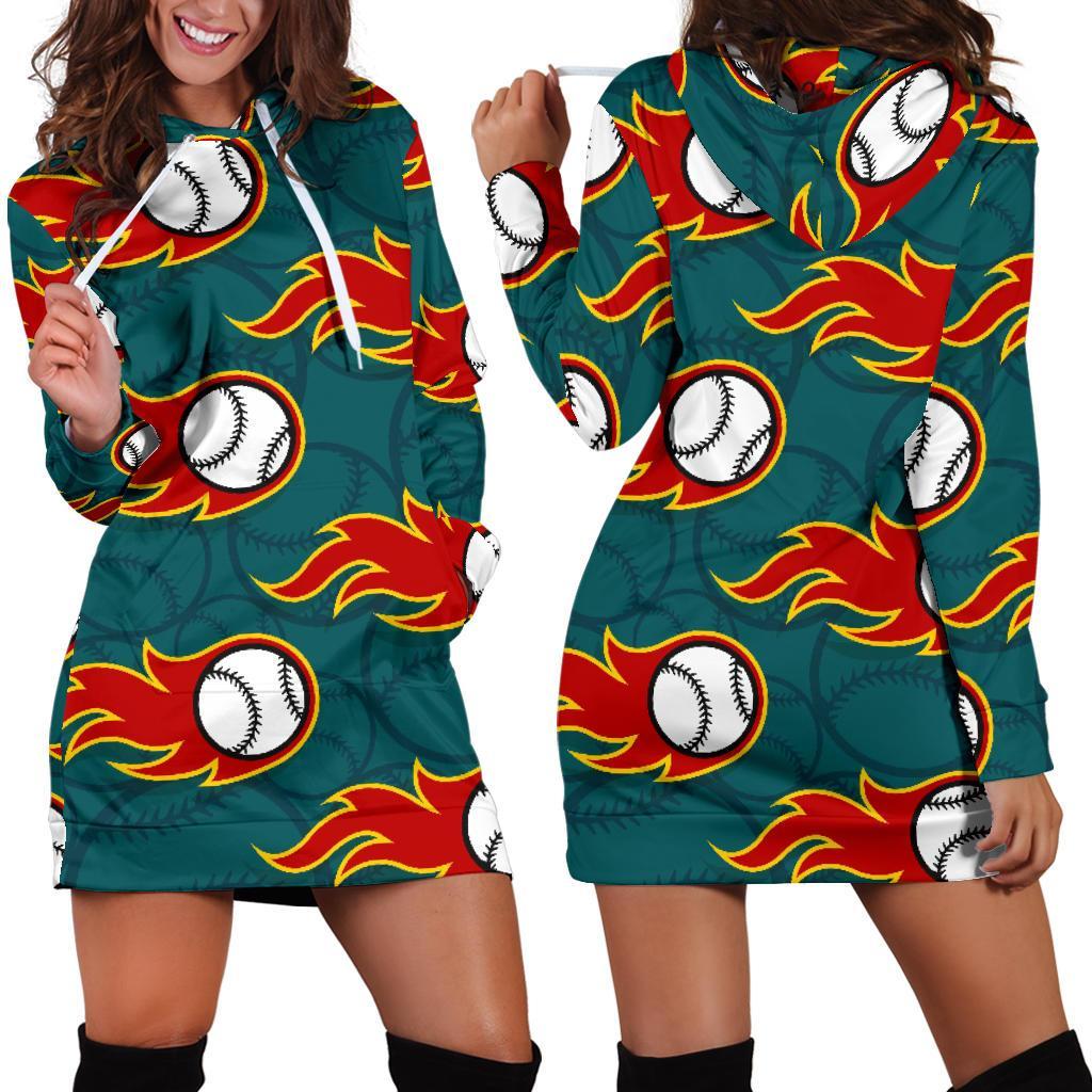 Baseball Fire Pattern Print Women Hoodie Dress-grizzshop