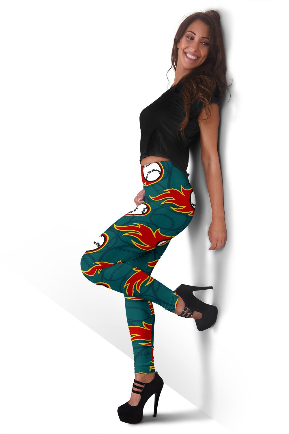 Baseball Fire Pattern Print Women Leggings-grizzshop