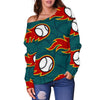 Baseball Fire Pattern Print Women Off Shoulder Sweatshirt-grizzshop