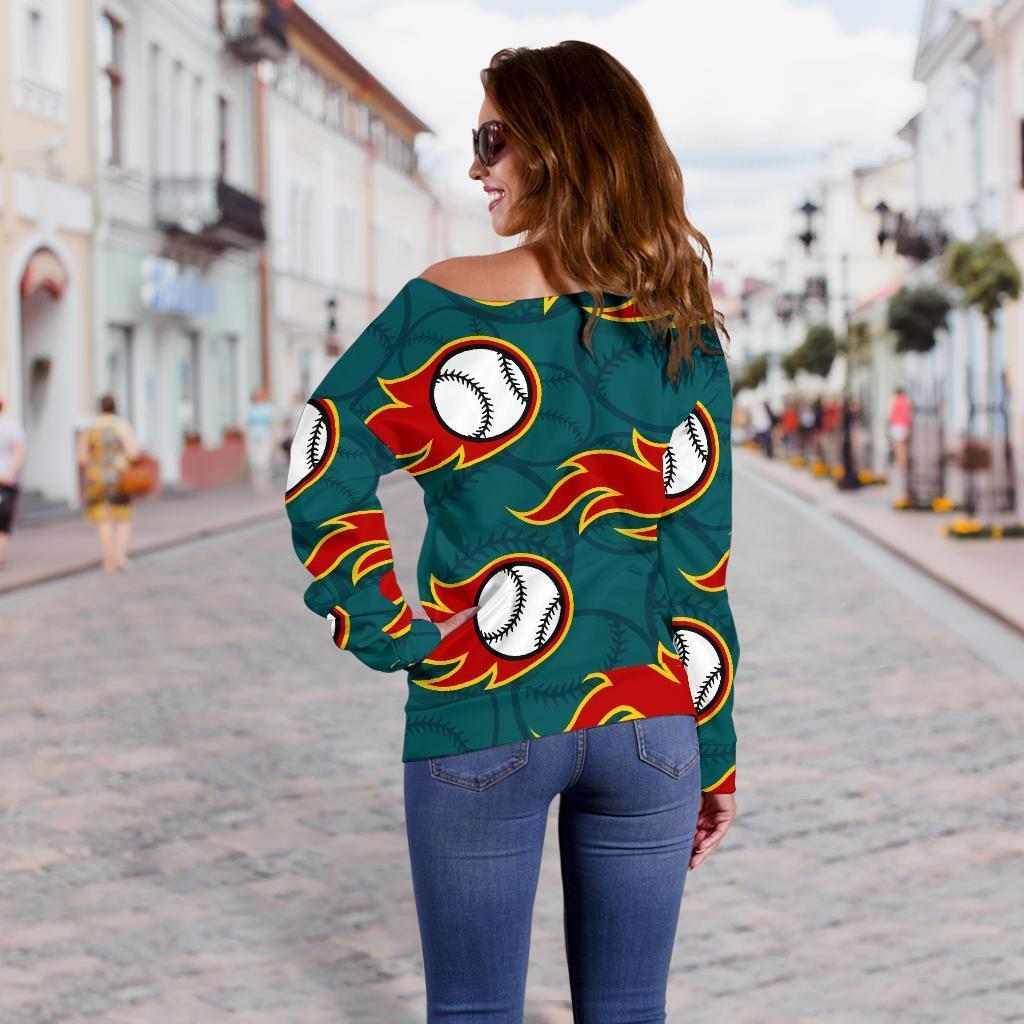 Baseball Fire Pattern Print Women Off Shoulder Sweatshirt-grizzshop