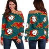 Baseball Fire Pattern Print Women Off Shoulder Sweatshirt-grizzshop